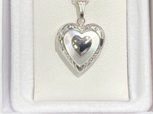 Load image into Gallery viewer, Heart Locket Sterling Silver Mother Of Pearl Rope Chain Engravable