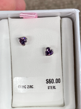 Load image into Gallery viewer, Silver Baby Heart Purple Cubic Zirconia Earrings