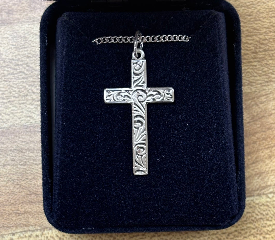 Hand Engraved Silver Cross With Chain Religious