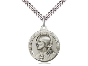 Sacred Heart Of Jesus High Relief Silver Medal With Chain