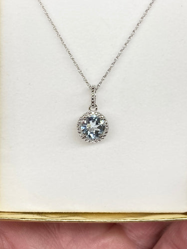 Aquamarine And Diamond Silver Pendant With Chain