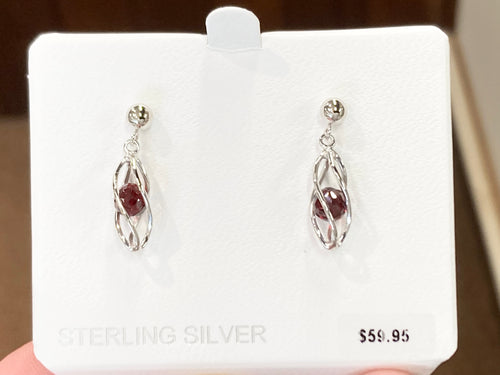 Silver Caged Garnet Dangle Earrings