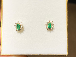 Emerald And Diamond Halo 14 K Yellow Gold Earrings