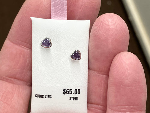 Silver Baby Heart Purple Cubic Zirconia Earrings