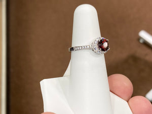 Garnet Color Swarovski Zirconia Silver Halo Ring