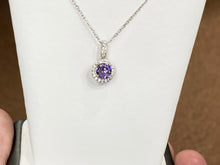 Load image into Gallery viewer, Purple Swarovski Zirconia Silver Halo Pendant With Chain