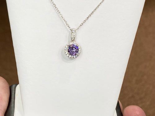 Purple Swarovski Zirconia Silver Halo Pendant With Chain