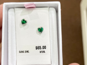 Silver Baby Earrings Heart Shaped Green Cubic Zirconia