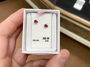 Silver Heart Shaped Red Cubic Zirconia Baby Earrings