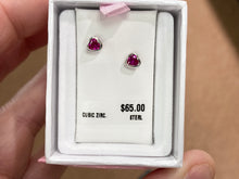 Cargar imagen en el visor de la galería, Silver Heart Shaped Red Cubic Zirconia Baby Earrings