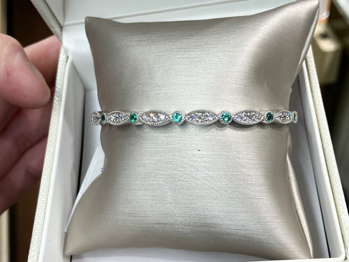 Emerald And Natural Diamond White Gold Bangle Bracelet