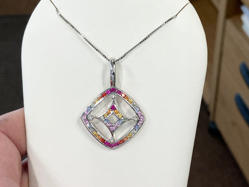 Rainbow Sapphire And Ruby White Gold Pendant And Chain