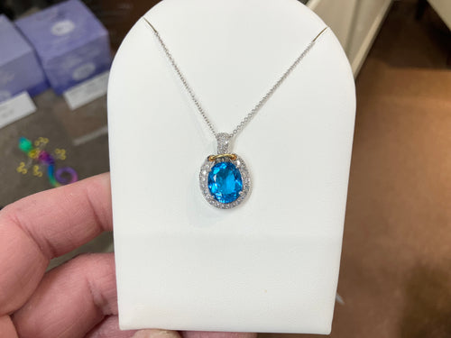 Blue Topaz And Diamond Gold Pendant And Chain