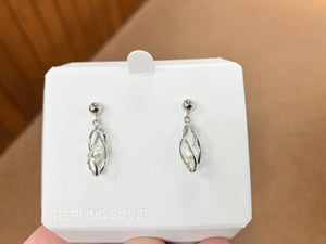 Sterling Silver Caged  Fresh Water Pearl Dangle Earrings