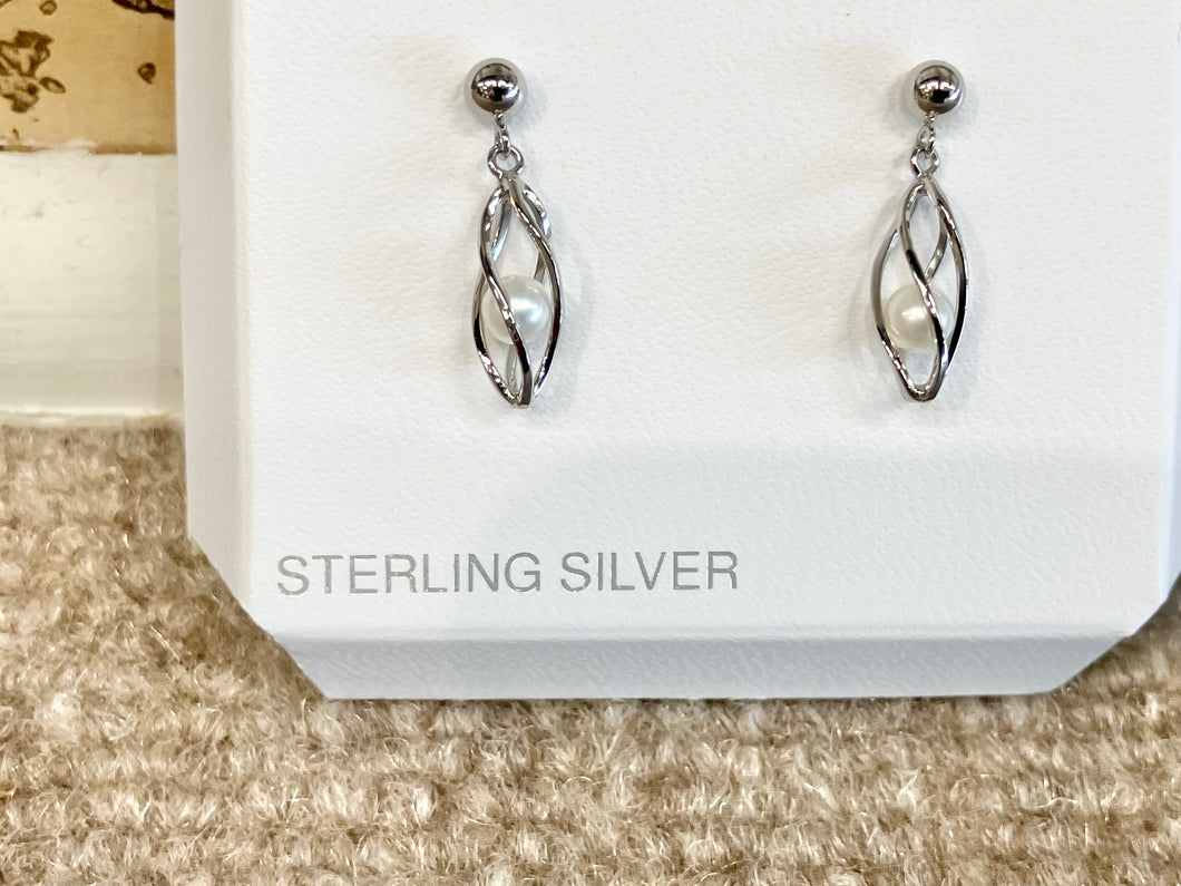 Sterling Silver Caged  Fresh Water Pearl Dangle Earrings