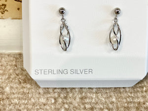 Sterling Silver Caged  Fresh Water Pearl Dangle Earrings