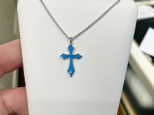 Sterling Silver Blue Enamel Cross Pendant