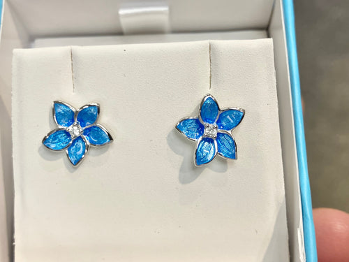 Silver White Sapphire Blue Flower Earrings