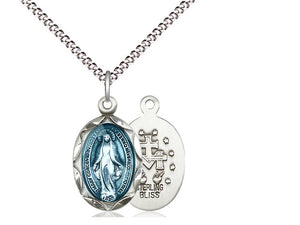 Miraculous Silver Blue Medal And 18 Inch Silver Chain Religious