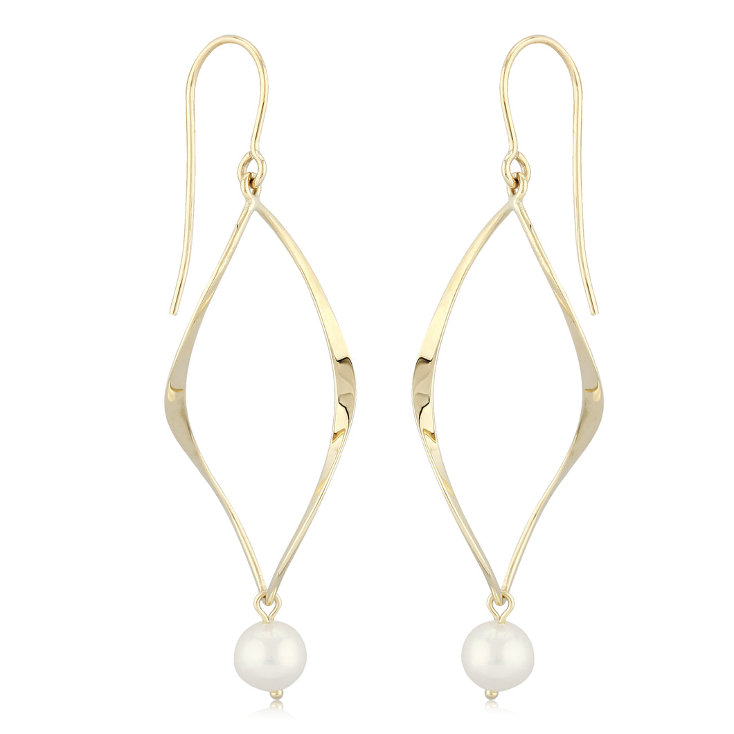 Gold Curved Rhomboid Cultured Pearl Dangle Earrings