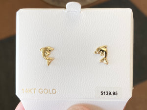 Dolphins 14 K Yellow Gold Stud Earrings