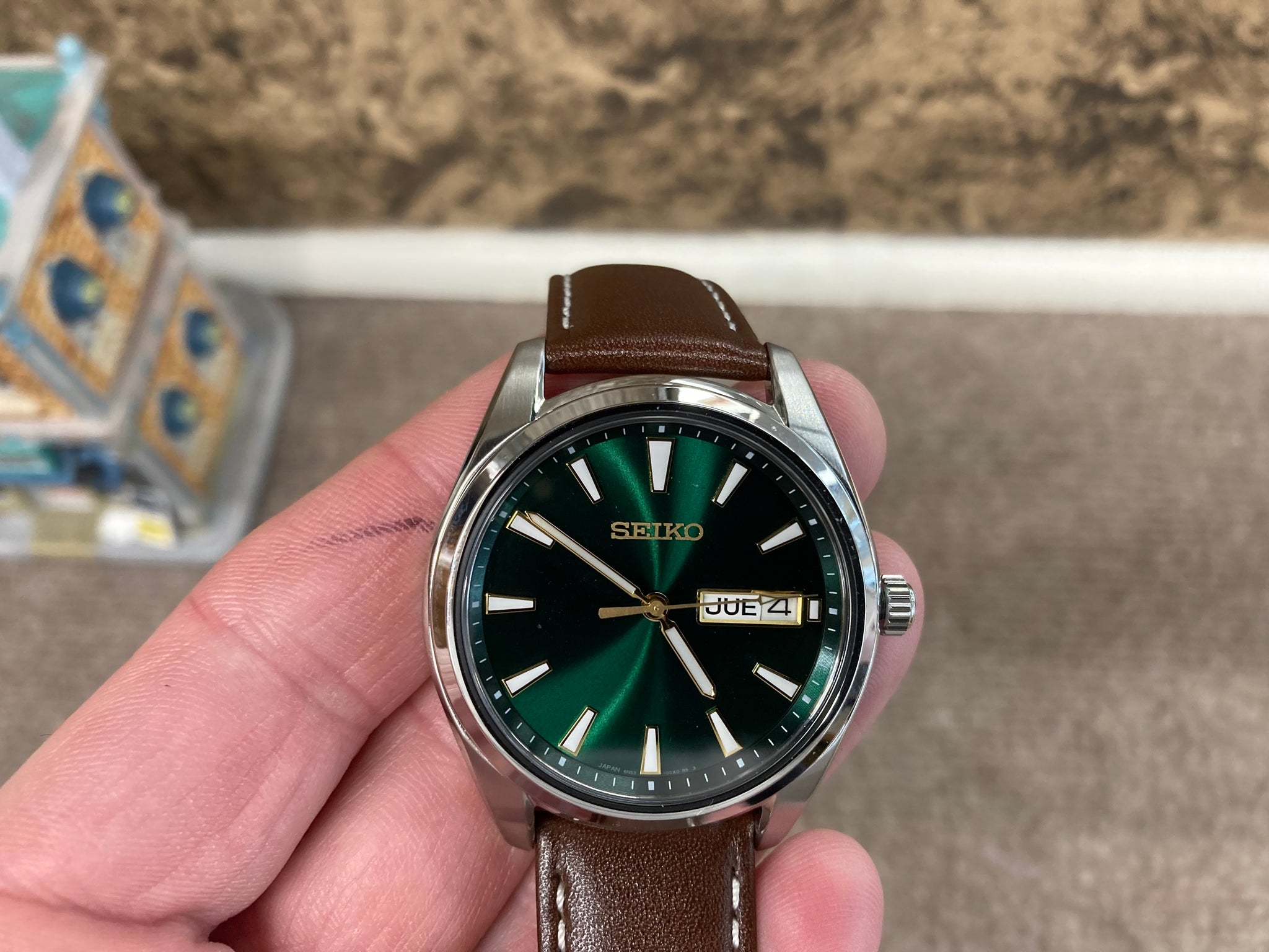 Seiko Watch Green Dial Leather Strap –