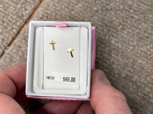 Load image into Gallery viewer, Children&#39;s Cross Earrings Gold Filled With 14 K Gold Threaded Posts