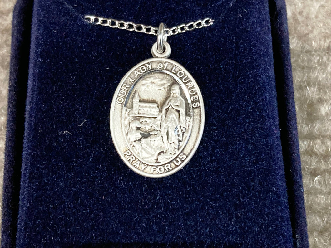 Our Lady Of Lourdes Silver Pendant With Chain Religious