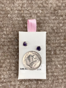 Silver Baby Heart Purple Cubic Zirconia Earrings
