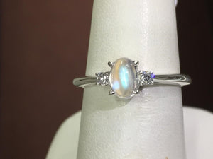 Rainbow Moonstone & Diamond Silver Ring