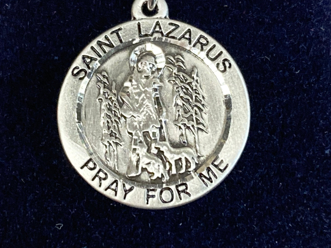 Saint Lazarus Silver Medal With 18 Inch Silver Curb Chain Religious