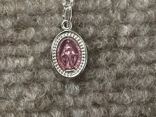 Pink Silver Miraculous Medal And Chain Religious