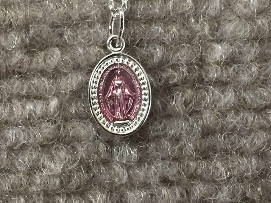 Pink Silver Miraculous Medal And Chain Religious