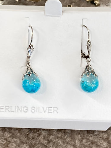 Turquoise Silver Snow Globe Dangle Earrings