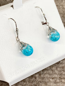 Turquoise Silver Snow Globe Dangle Earrings