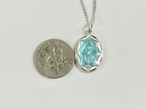 Miraculous Silver Blue Medal And 18 Inch Silver Chain Religious