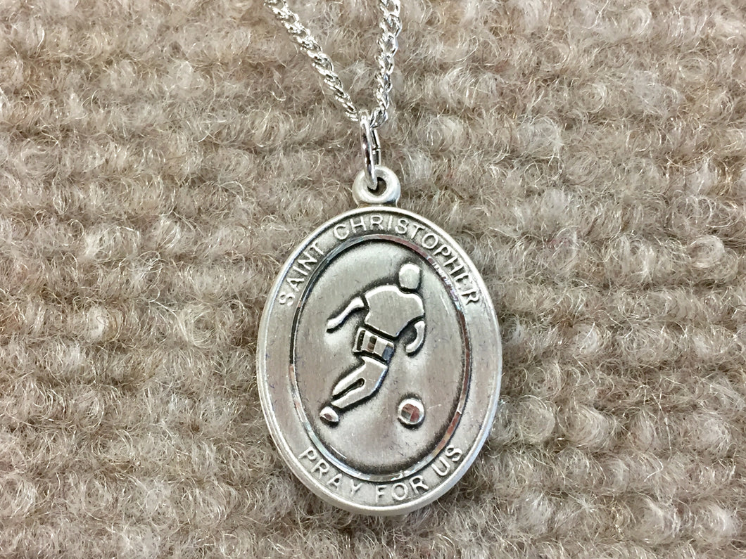 Saint Christopher Silver Soccer / Football Pendant With Chain