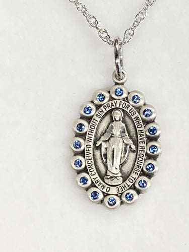 Miraculous Medal Silver With Blue Swarovski Crystals