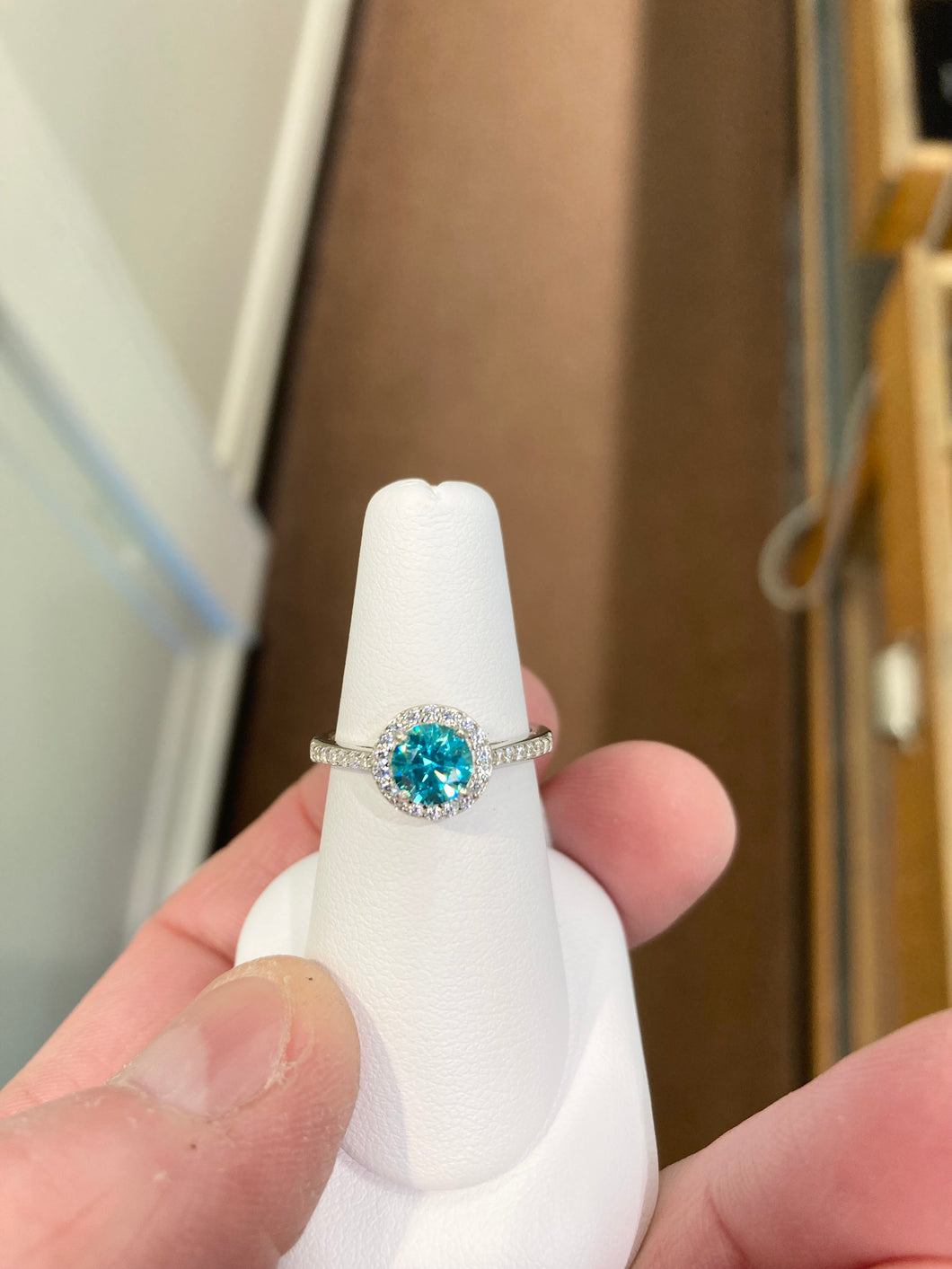 Blue Swarovski Zirconia Silver Halo Ring
