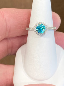 Blue Swarovski Zirconia Silver Halo Ring