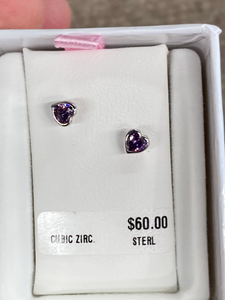 Silver Baby Heart Purple Cubic Zirconia Earrings