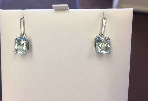 Cushion Cut Lab Created Green Amethyst Silver & 18 K Gold Dangle Earrings