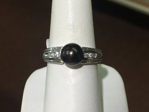 Black Pearl And Diamond 14 K White Gold Ring