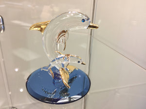 Dolphin With Baby Glass Swarovski Crystal Eyes And 22 K Gold Accents