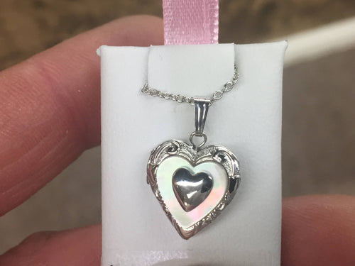 Heart Locket Sterling Silver Mother Of Pearl Rope Chain Engravable