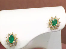 Cargar imagen en el visor de la galería, Emerald And Diamond Halo 14 K Yellow Gold Earrings