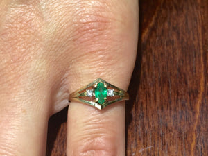 14 K Yellow Gold Marquise Shaped Emerald And Diamond Ring